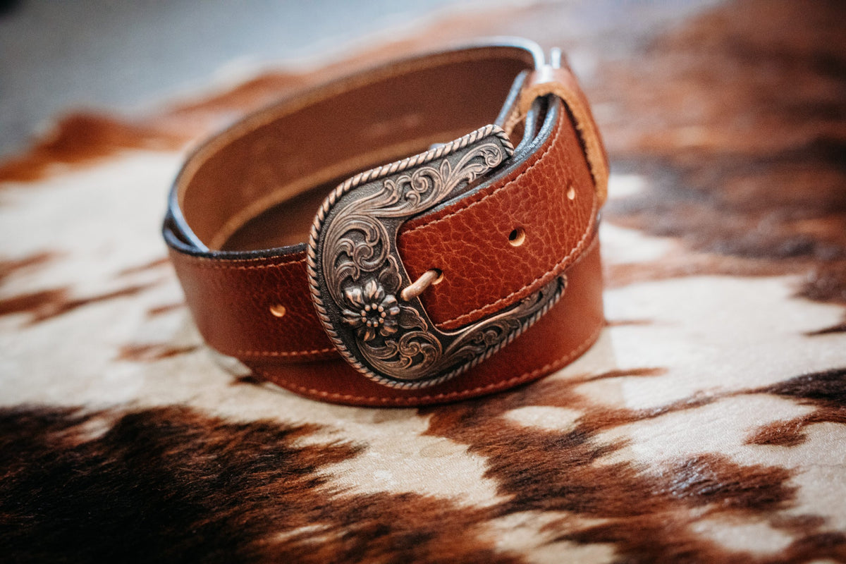 Jesse British tan full grain leather belt with brown stitching, angled view
