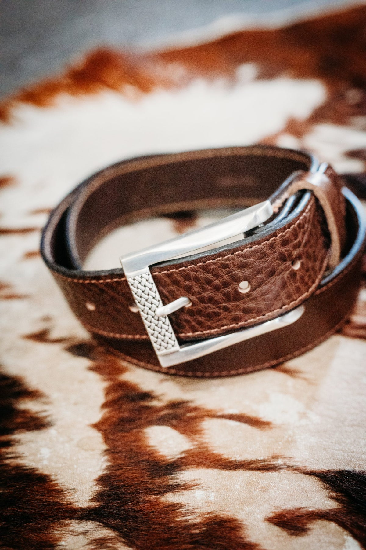 Beau chocolate full grain leather belt with polished silver buckle