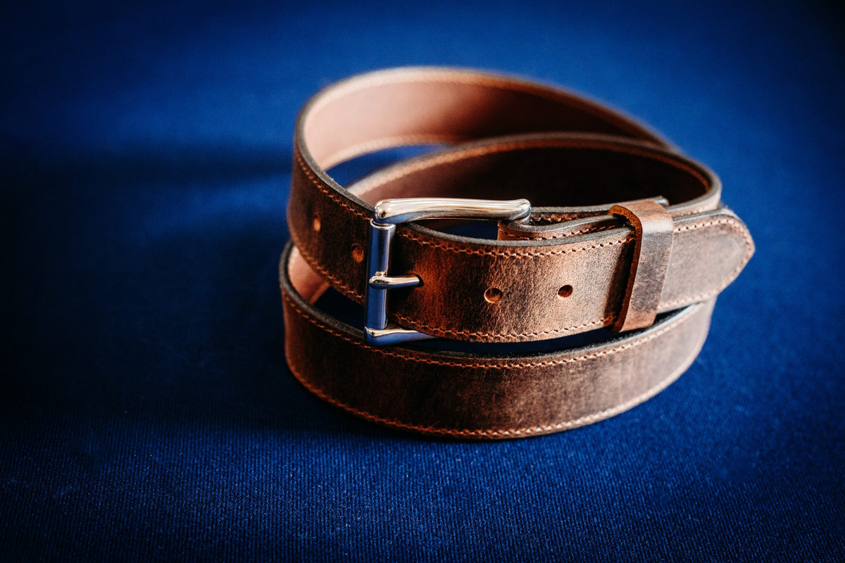 Timothy oiled distressed leather belt, stainless roller buckle and keeper