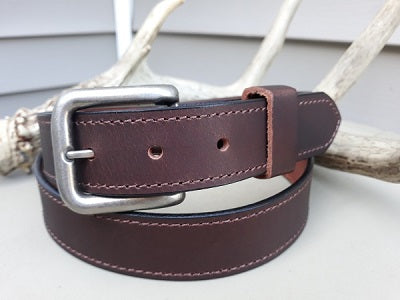 Henry full grain leather belt in chocolate water buffalo, antique nickel buckle