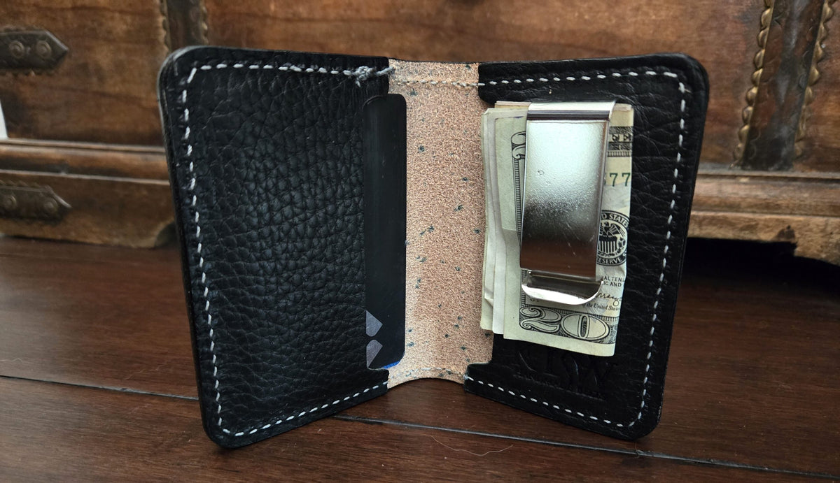 Black bridle leather front pocket wallet with removable money clip