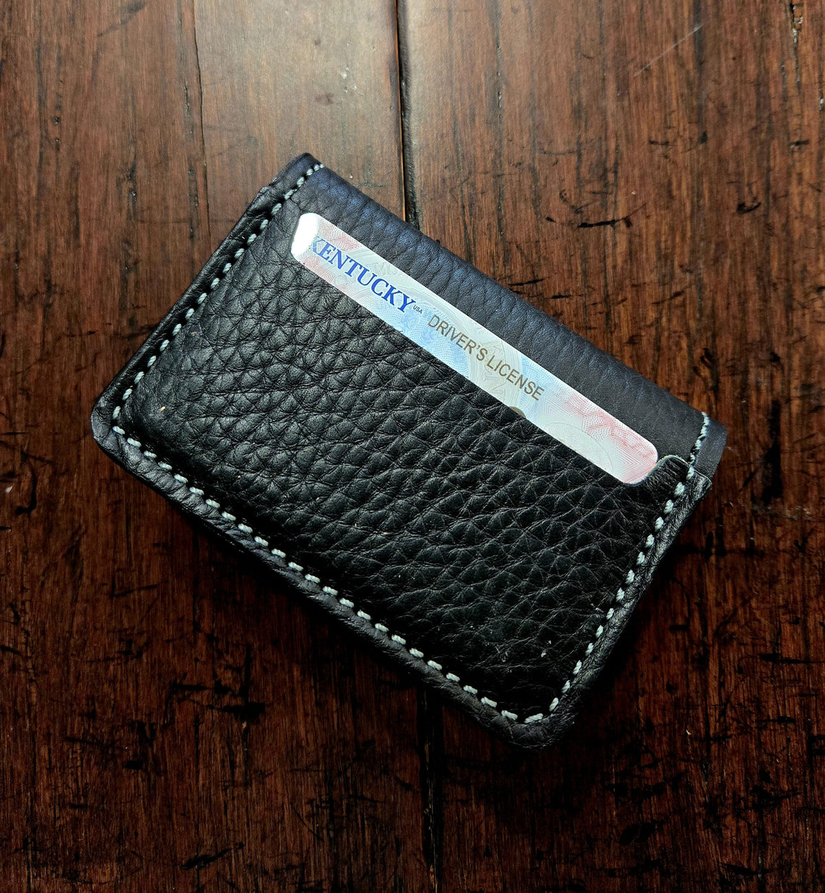 Black bridle leather front pocket wallet with outside license slot