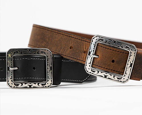 Justin distressed water buffalo belts with stainless steel floral buckles