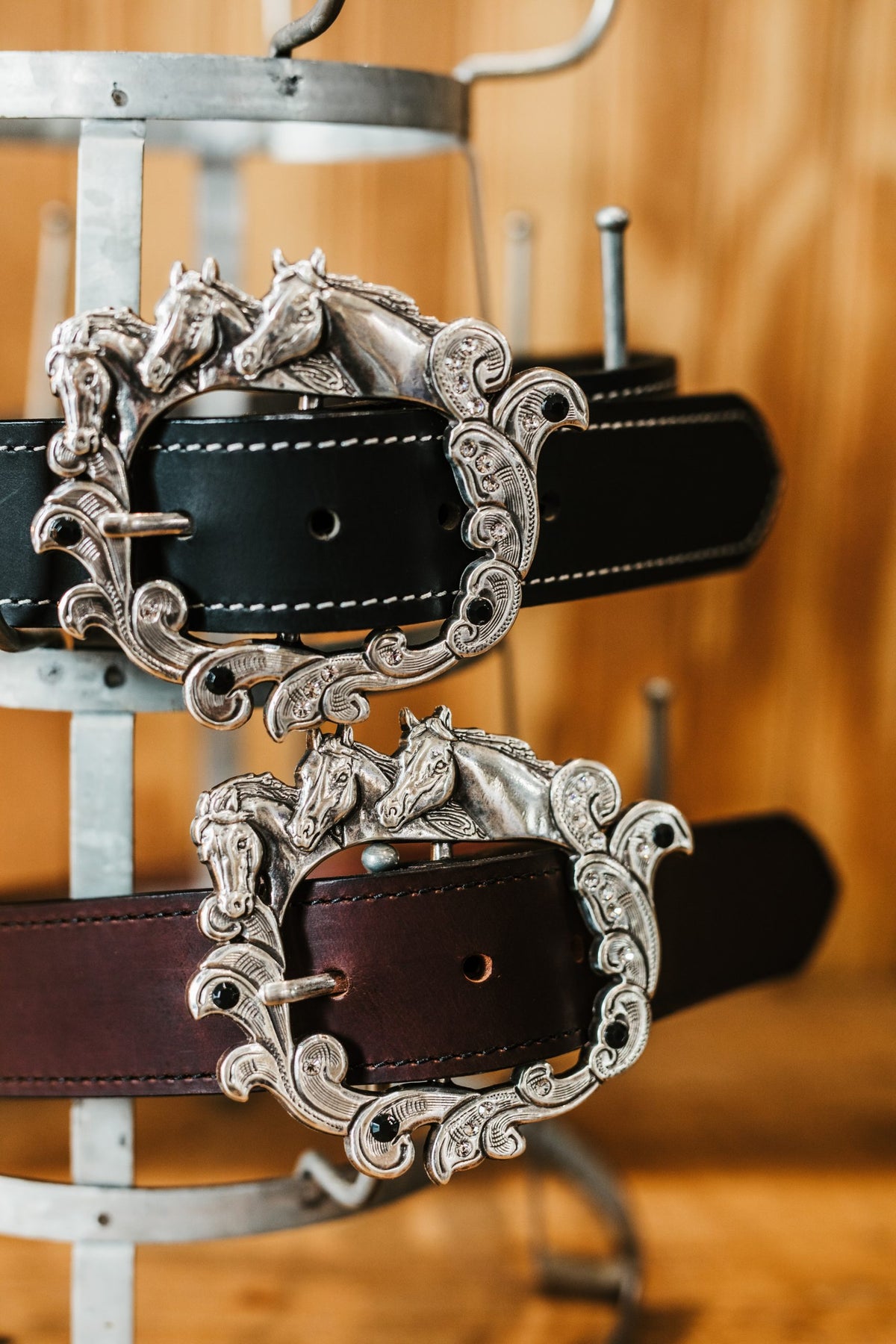 Brooke belts in black and brown water buffalo with horse head buckles