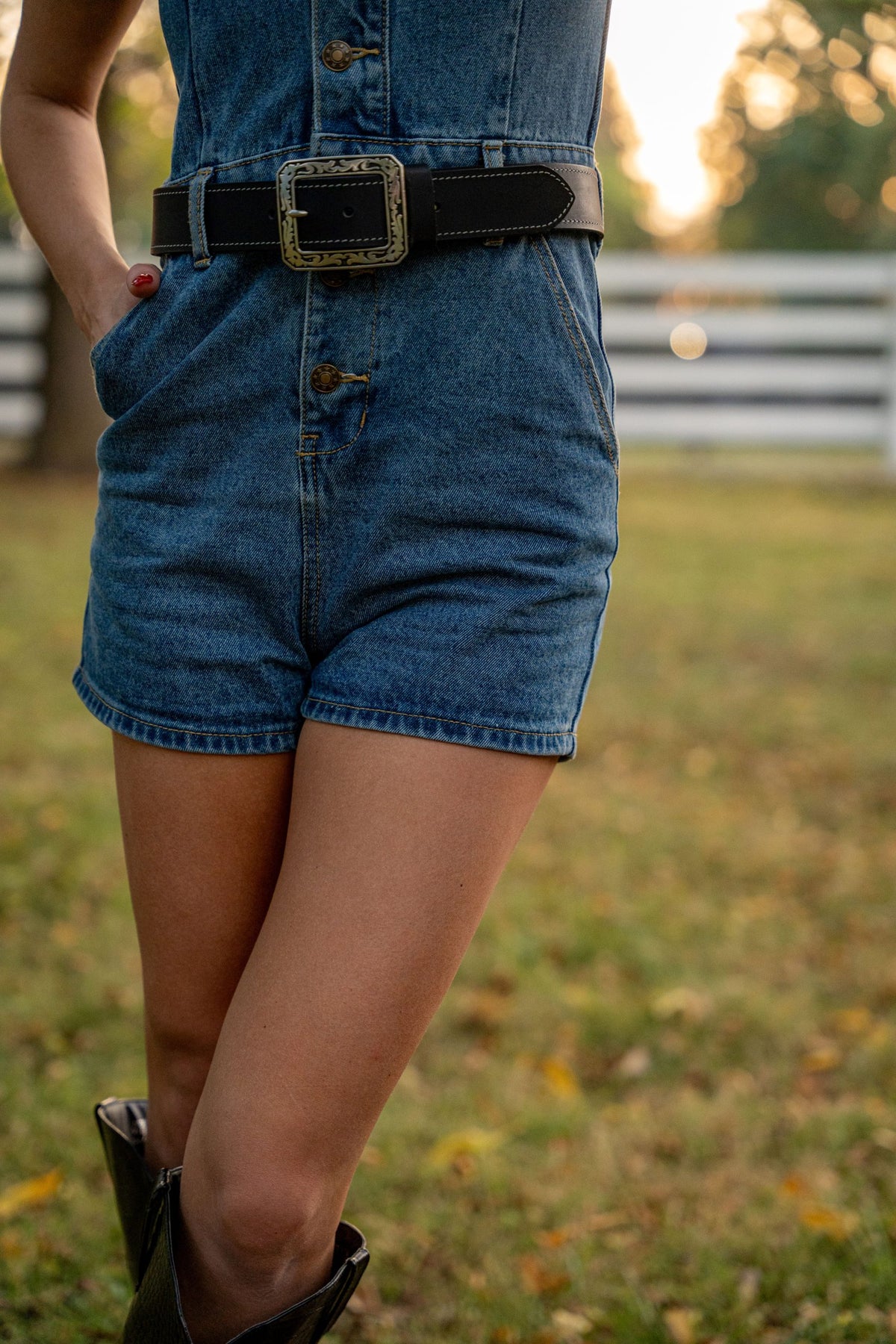 Woman wearing Austin black water buffalo belt with denim