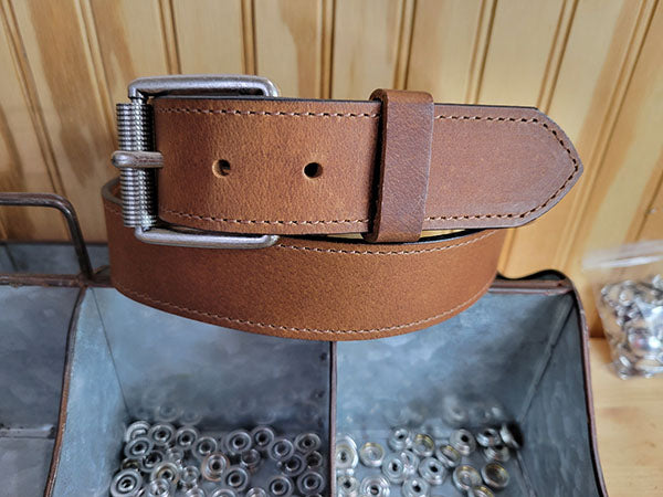 Cooper golden brown water buffalo leather belt with antique silver roller buckle
