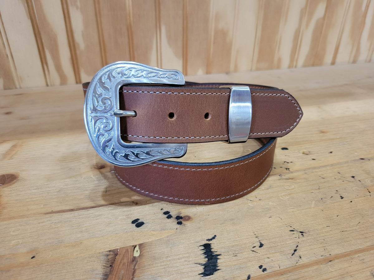 Grant gold water buffalo leather belt with engraved silver buckle and brushed loop