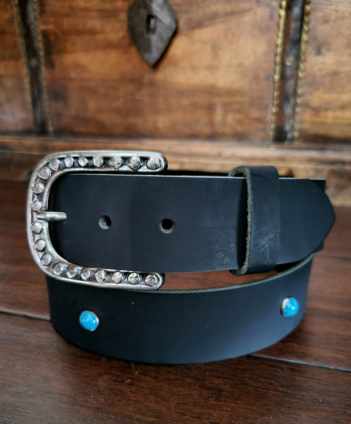 Evelyn black water buffalo belt with antique silver raised dot buckle