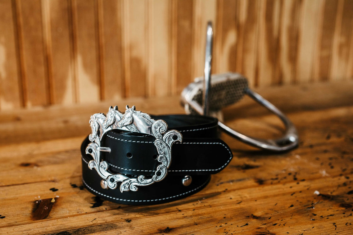 Brooke black water buffalo belt with crystal horse head buckle