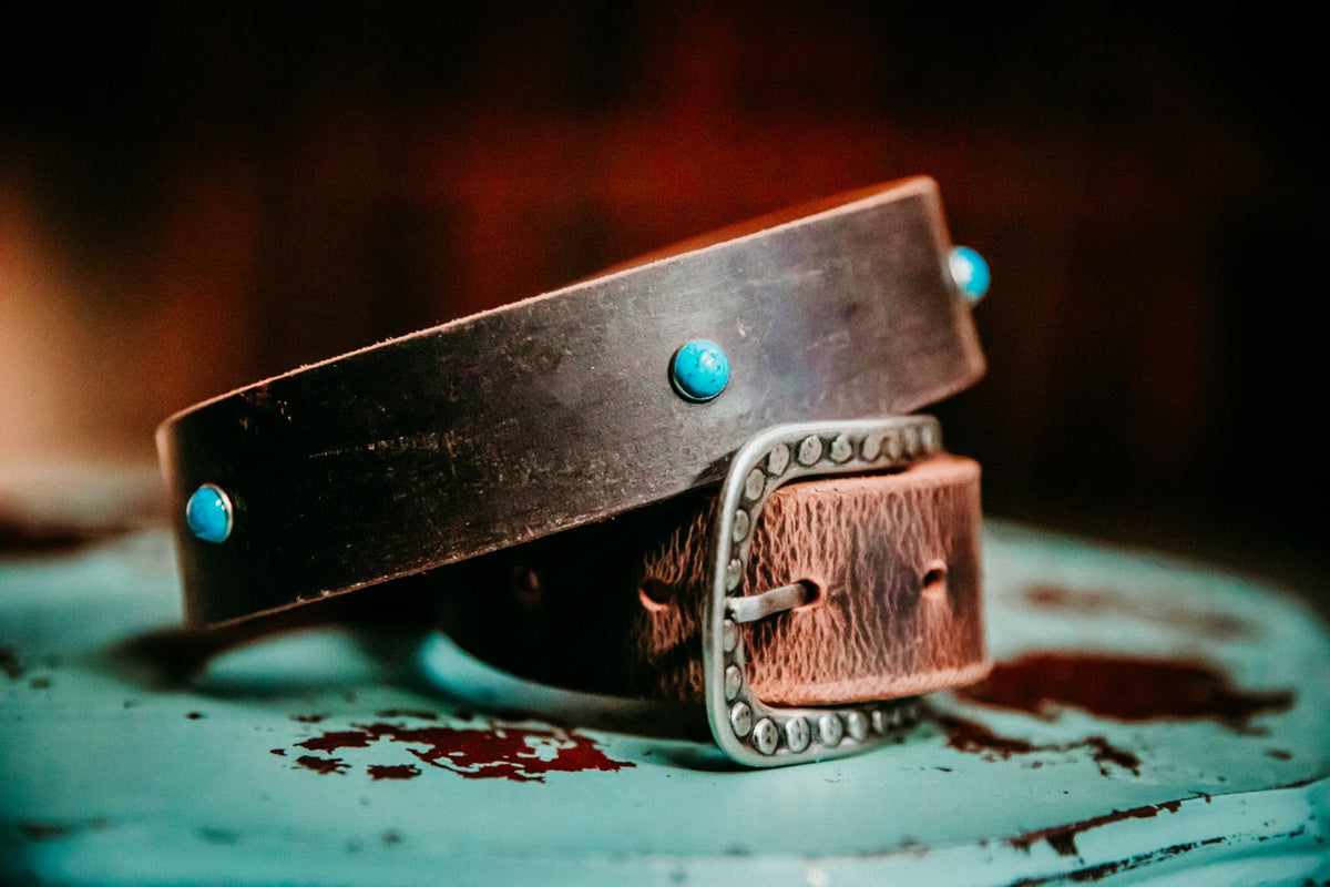 Ella full grain leather belt in distressed brown with turquoise accents