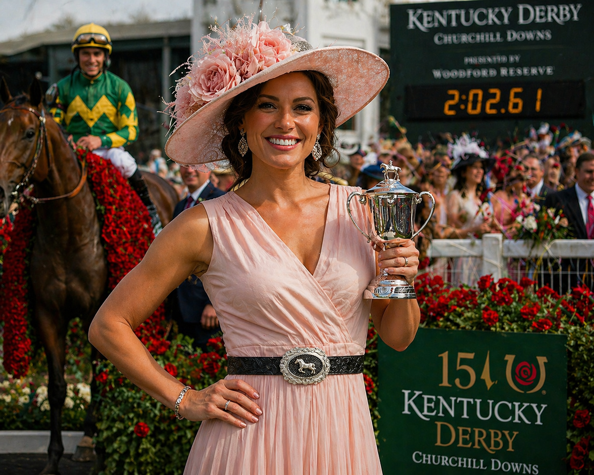 Woman wearing The Stable Belle horse buckle belt at the Kentucky Derby