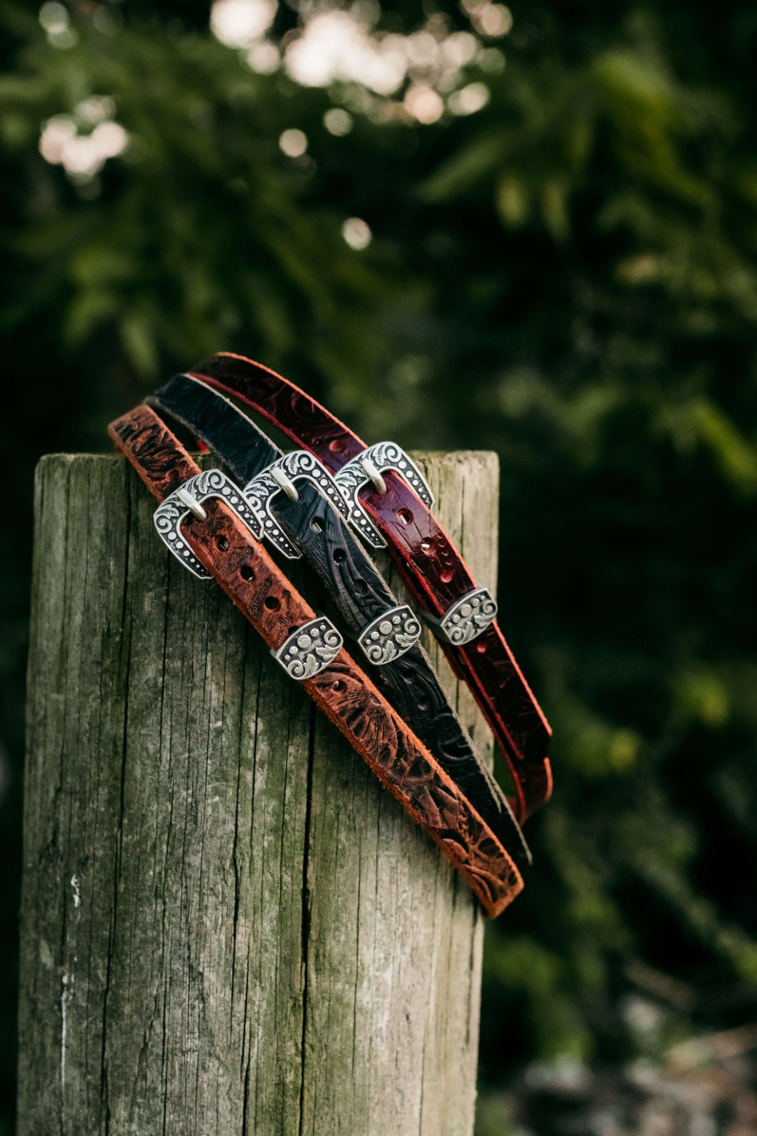 HB01 embossed full grain leather hat bands with antique silver buckles, three colorways