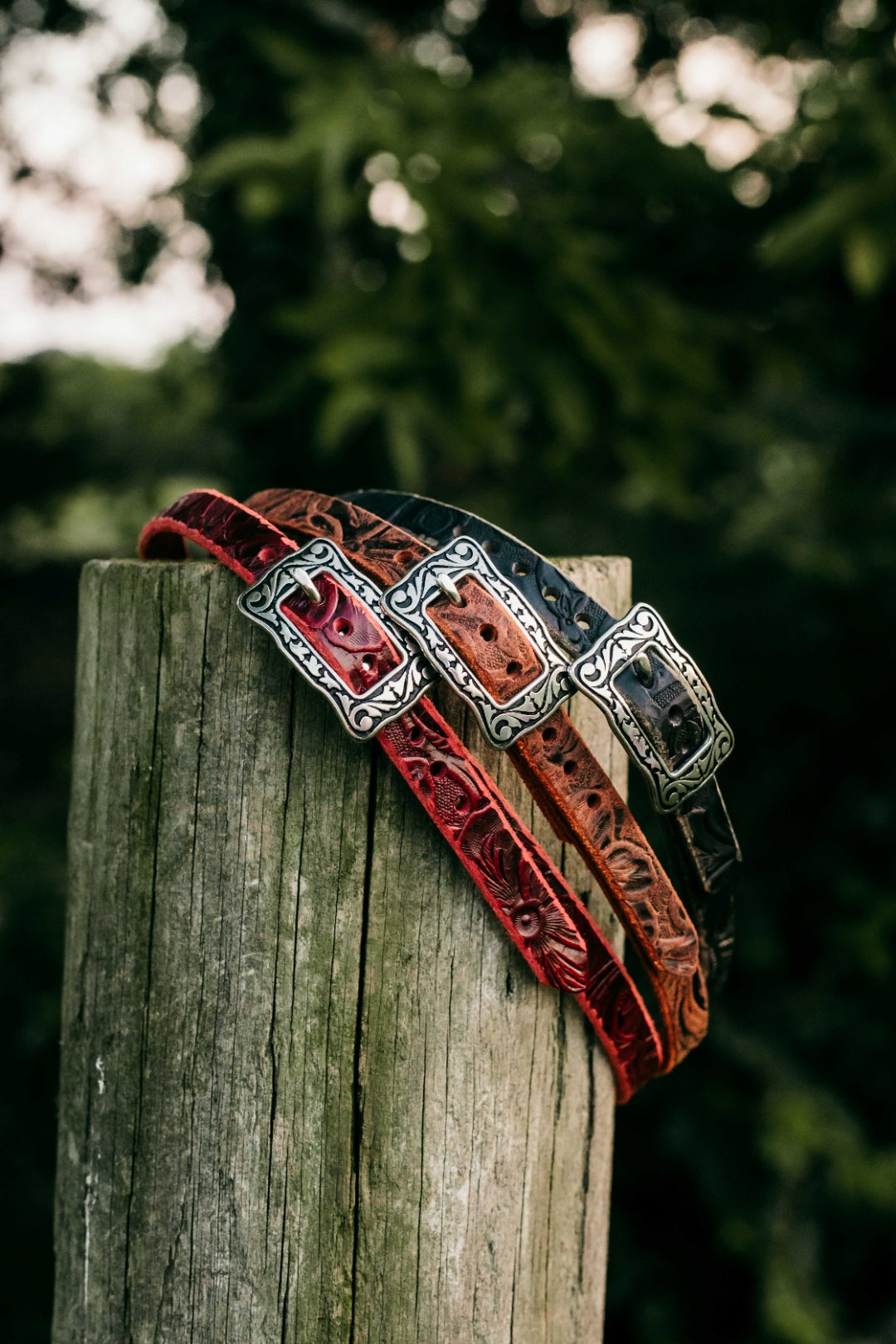 HB04 embossed full grain leather hat bands with engraved silver buckles, three colorways