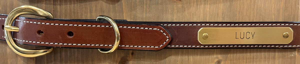 Lucy brown English bridle leather dog collar with cream stitching, solid brass buckle and engraved brass nameplate