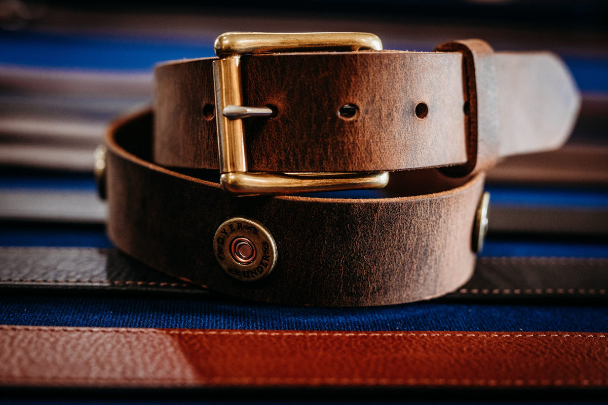 The Over Under distressed brown water buffalo leather belt with brass roller buckle