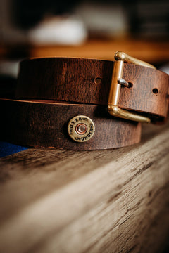 The Over Under belt brass ammo concho and roller buckle detail