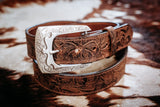 Reagan full grain leather belt, floral-embossed water buffalo with engraved buckle
