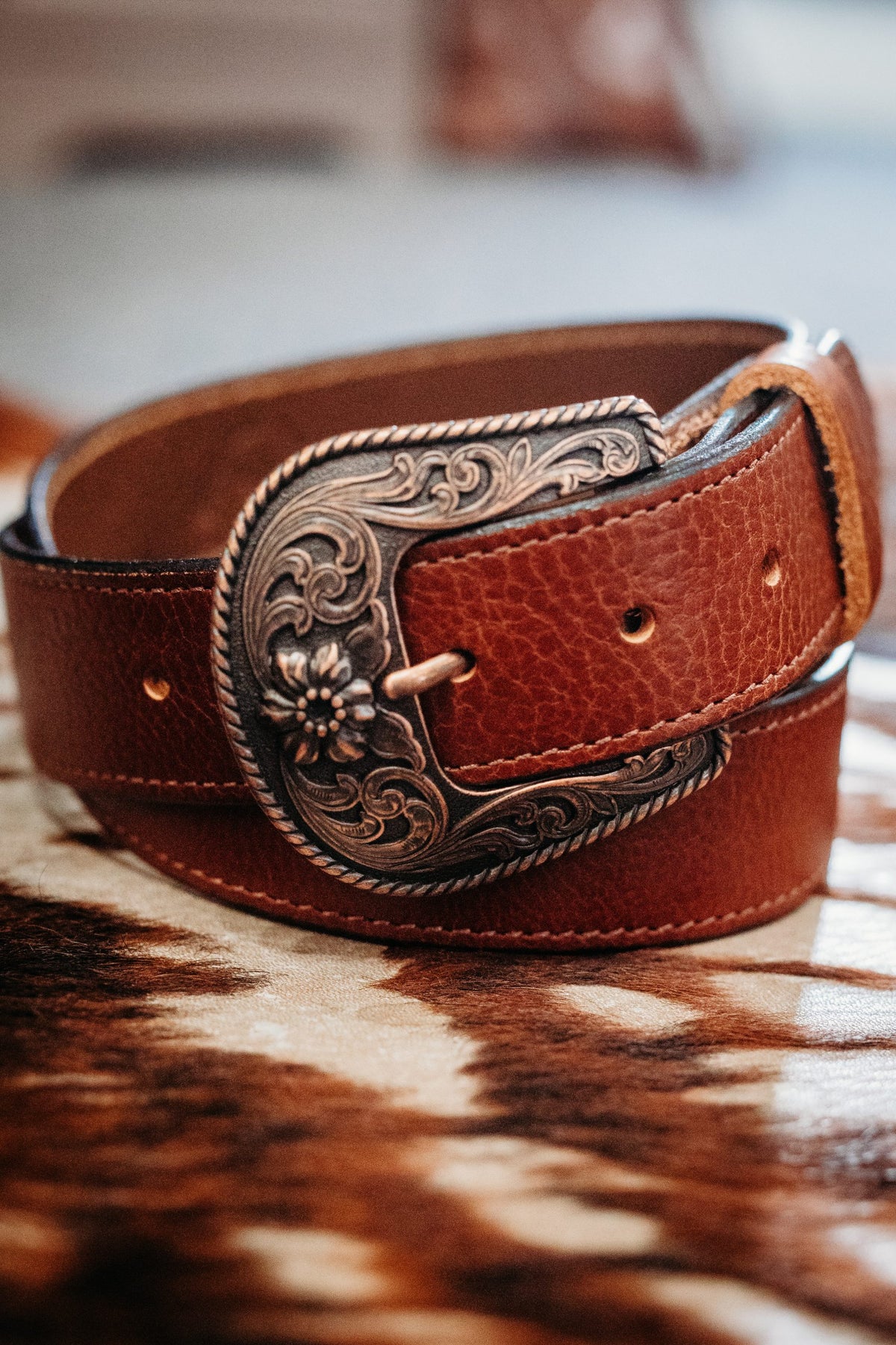 Jesse British tan full grain leather belt with engraved copper western buckle