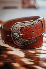 Jesse British tan full grain leather belt with engraved copper western buckle