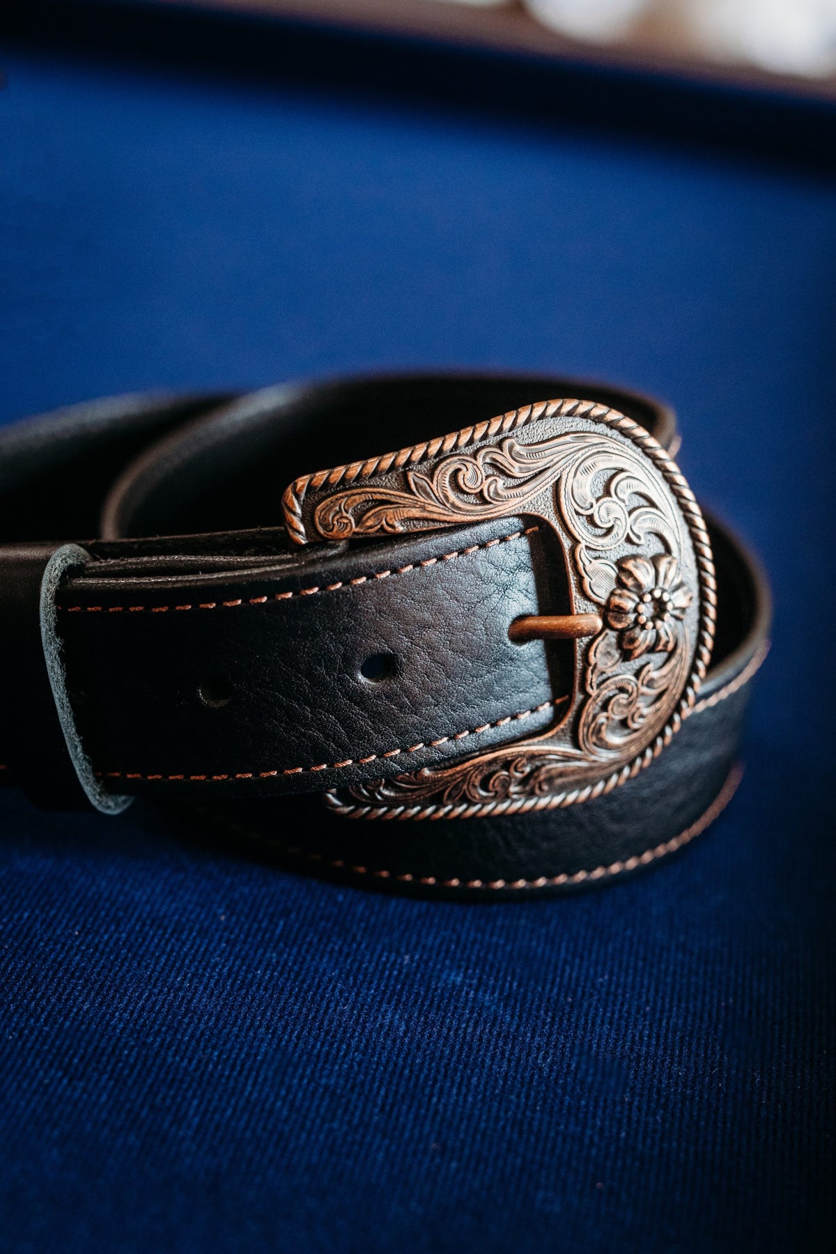 Ellis black full grain leather belt with engraved copper western buckle
