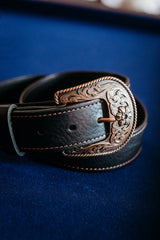 Ellis black full grain leather belt with engraved copper western buckle
