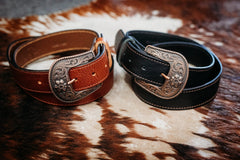 Ellis full grain leather belt in black and British tan colorways, copper buckles