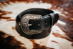 Sterling black full grain leather belt with engraved black and silver buckle