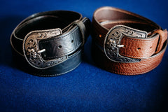 Wyatt full grain leather belt with engraved black and silver western buckle