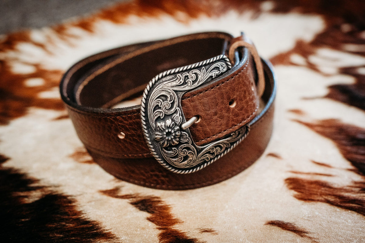 Wyatt chocolate full grain leather belt with contrast black stitching