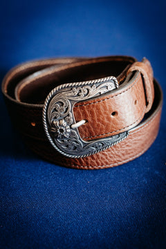 Wyatt chocolate full grain leather belt with engraved black and silver buckle