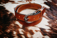 The Shoe golden brown water buffalo belt showing billet, keeper and horseshoe buckle