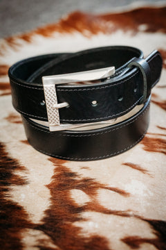 Cash black full-grain leather belt with polished silver basket-weave buckle