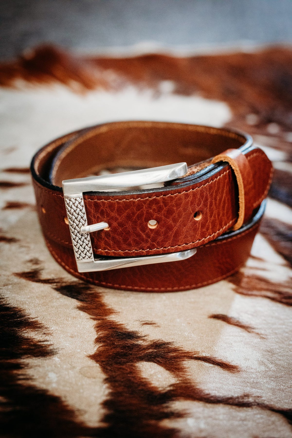 Rhett British tan full-grain belt with basket-weave textured silver buckle