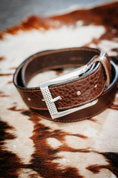 Beau chocolate full grain leather belt with polished silver buckle