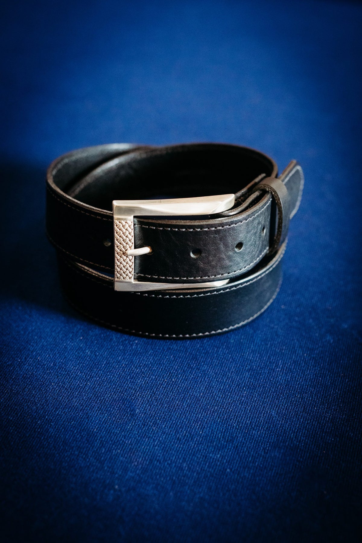 Cash black leather belt with silver buckle and black stitching