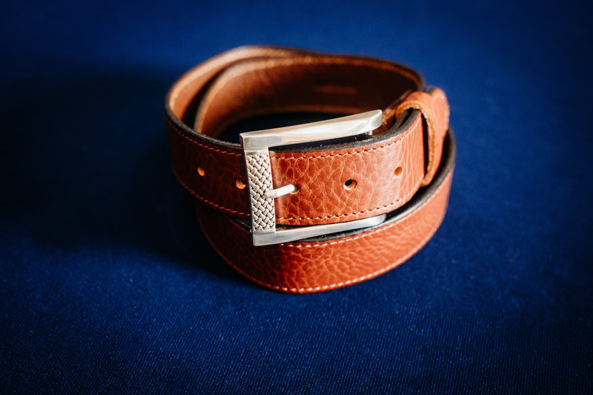 Rhett full grain leather belt in British tan with silver buckle