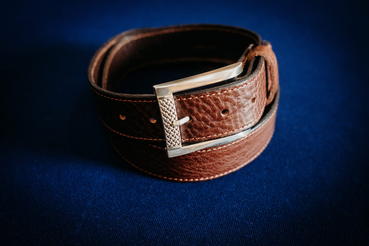 Beau chocolate full grain leather belt with polished silver basket-weave buckle
