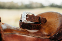Reagan embossed water buffalo leather belt, engraved silver buckle detail