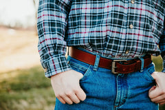 Man wearing the Cooper full grain leather belt with jeans