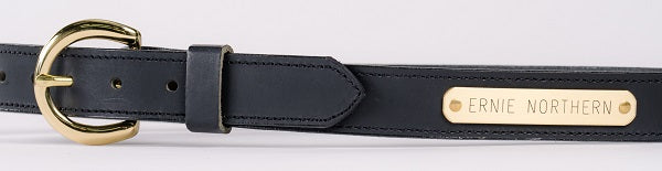 1-1/4 inch Black water buffalo leather belt with brass nameplate