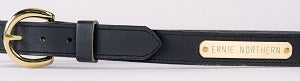 1-1/4 inch Black full grain leather belt with brass buckle and nameplate