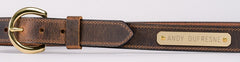 Distressed Brown water buffalo leather belt with brass buckle and nameplate