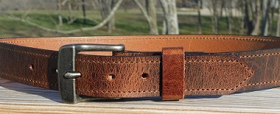 Clayton antique brown water buffalo belt, antique silver buckle close-up