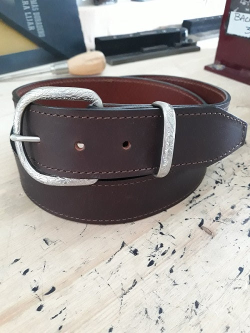 Raylan chocolate leather belt with ornate silver western buckle set