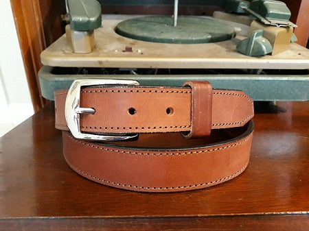 Thoroughbred chestnut bridle leather belt with polished silver buckle