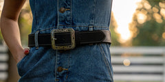 Austin full grain leather belt worn with denim, ornate buckle