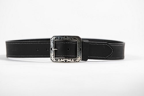 Austin black water buffalo belt with engraved stainless buckle and floral tip