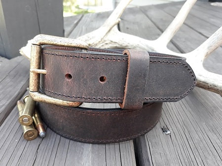 Waylon full grain leather belt, distressed water buffalo, antique brass roller buckle