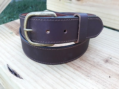 Arlo full grain leather belt in chocolate water buffalo, antique brass buckle
