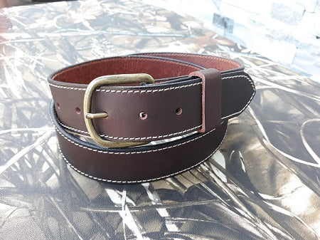 Owen full grain leather belt in chocolate water buffalo, contrast stitching